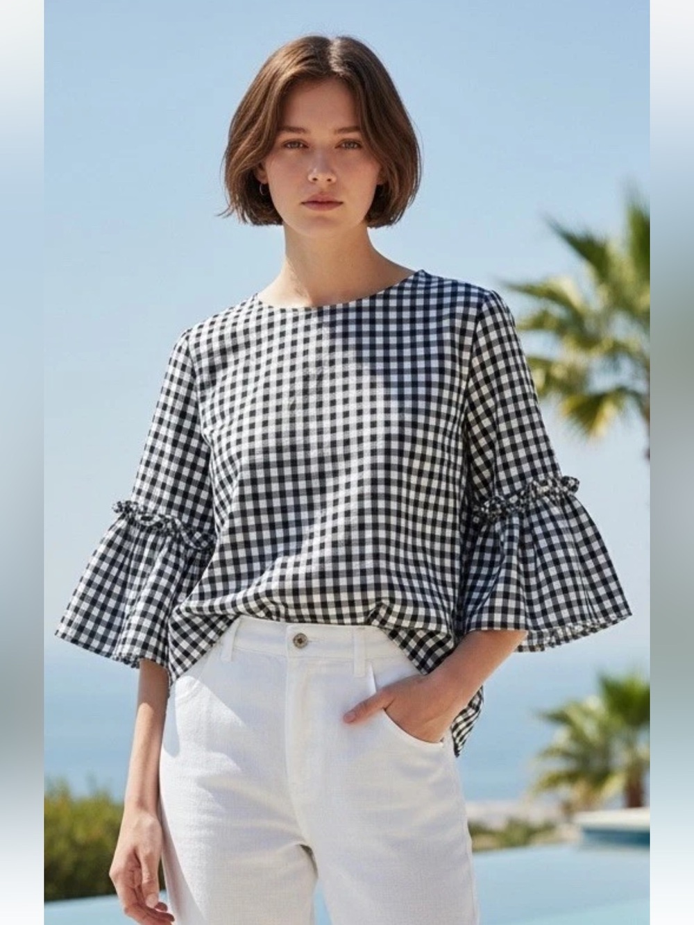 Jane and Delancey Top M Black White Gingham Bell Sleeve All Cotton Womens NWOT